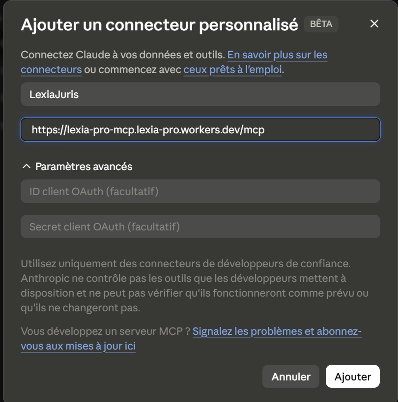 Coller l'URL du connecteur LexIA