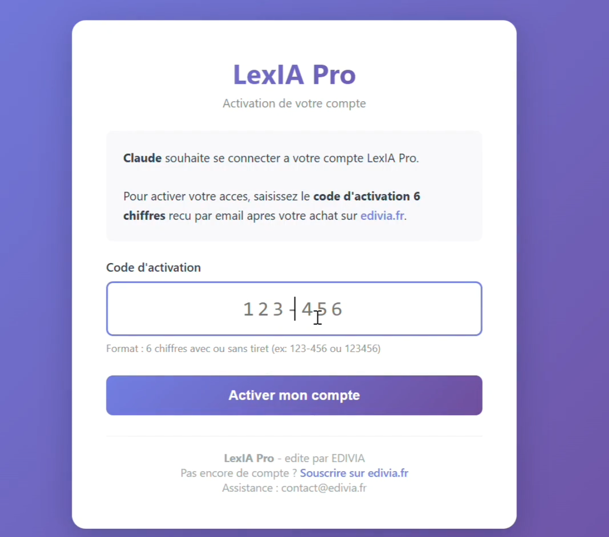 Saisie du code d'activation à 6 chiffres